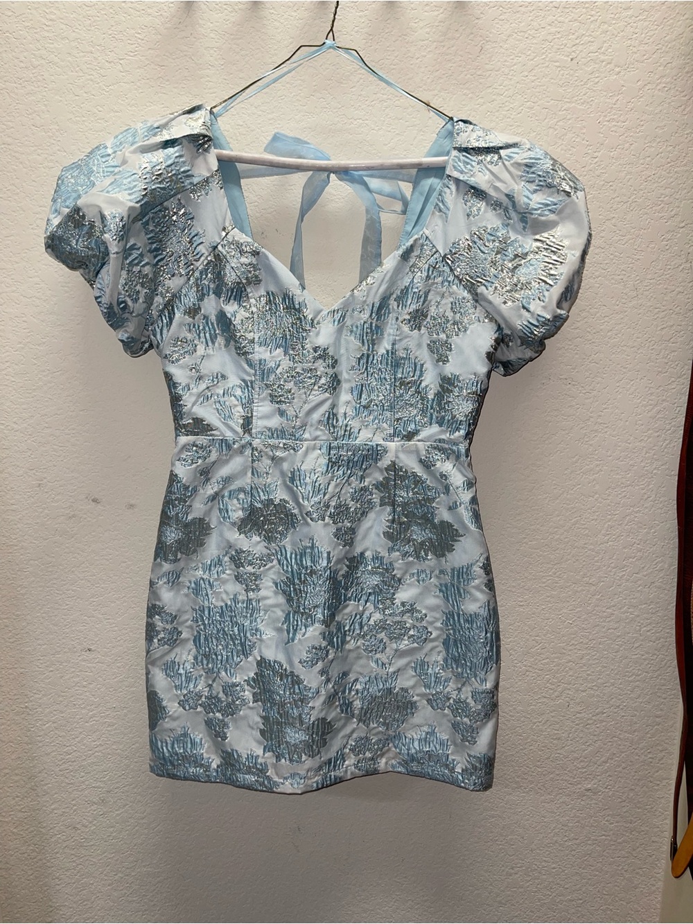 Light Blue Metallic Brocade Puff-Sleeve Mini Dress with Tie Back